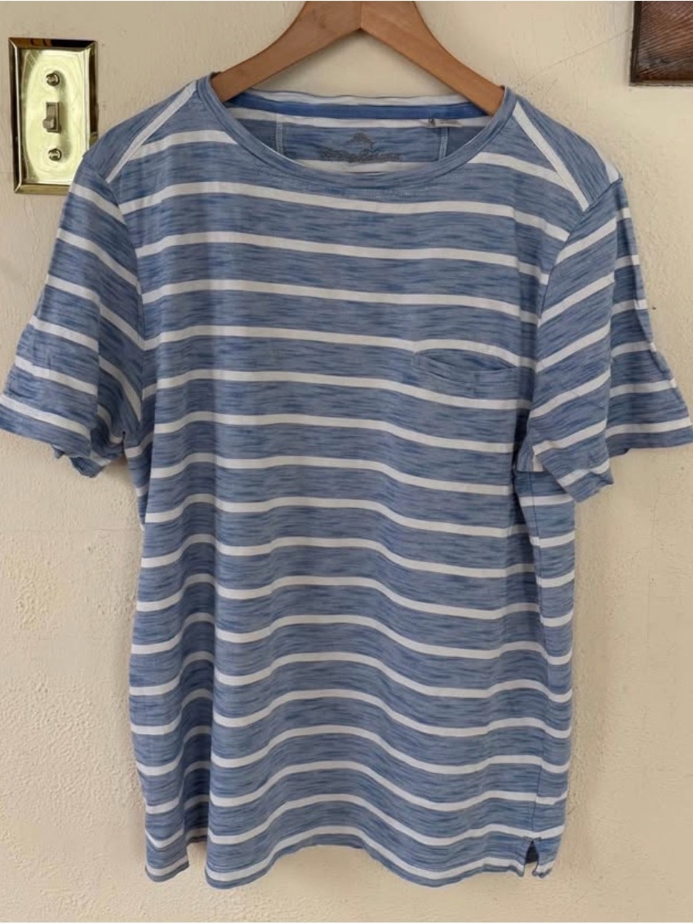 Tommy Bahama Blue and White Striped Short-Sleeve T-Shirt (Medium)